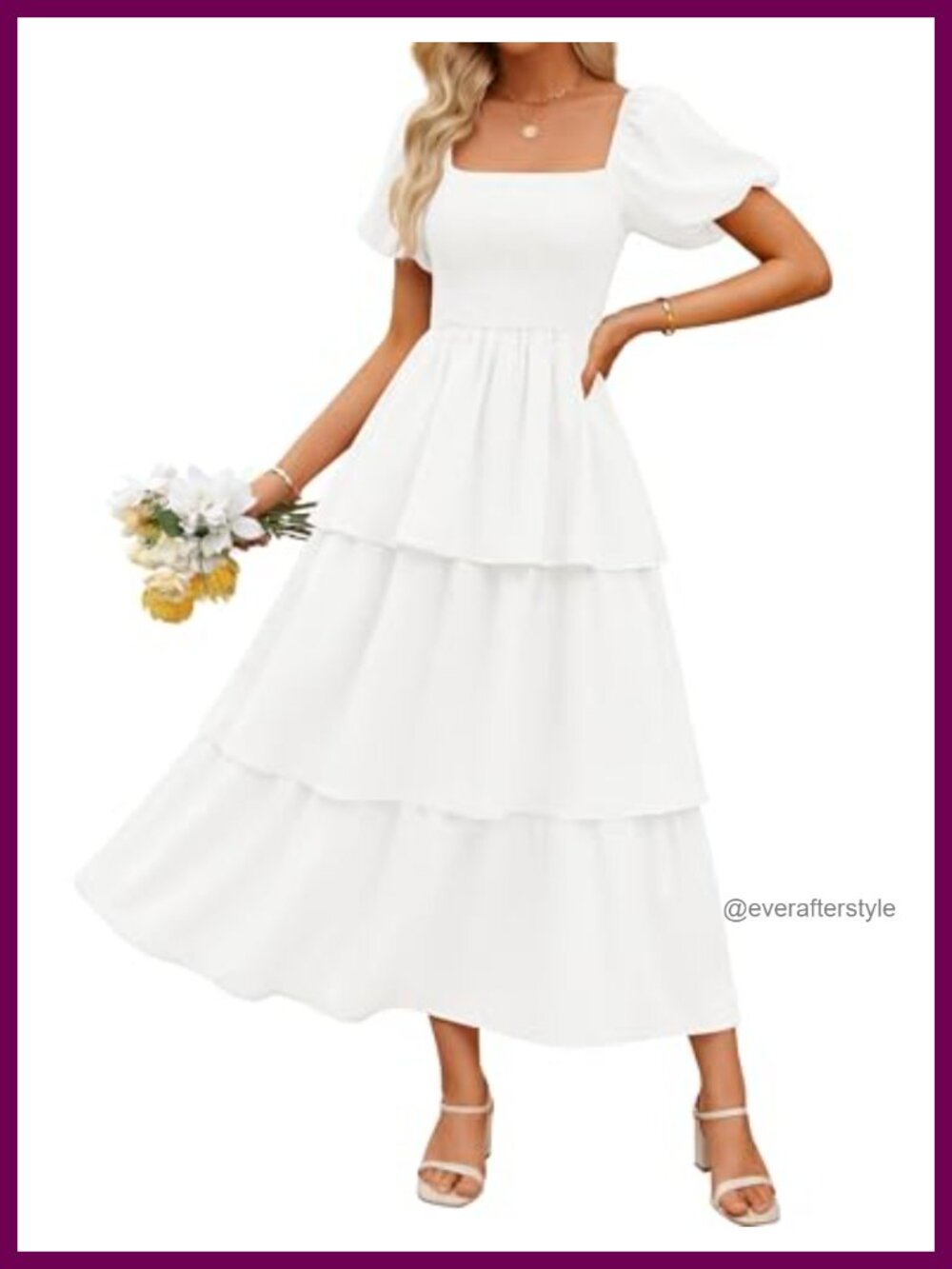 Puff Sleeve Tiered Midi Dress Square Neck Backless Smocked Bodice